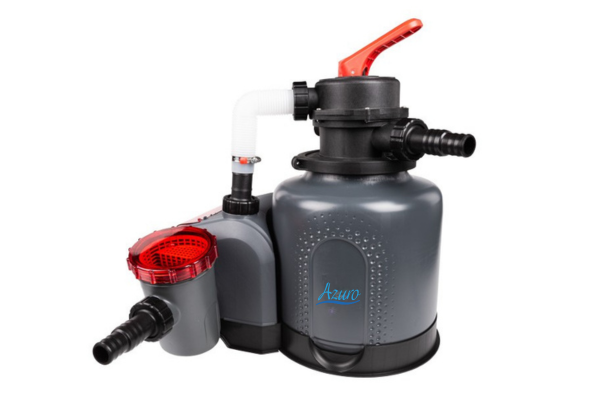 A grey and black Azuo sand filter pump system with a red handle and red lid, shown on a solid white background.