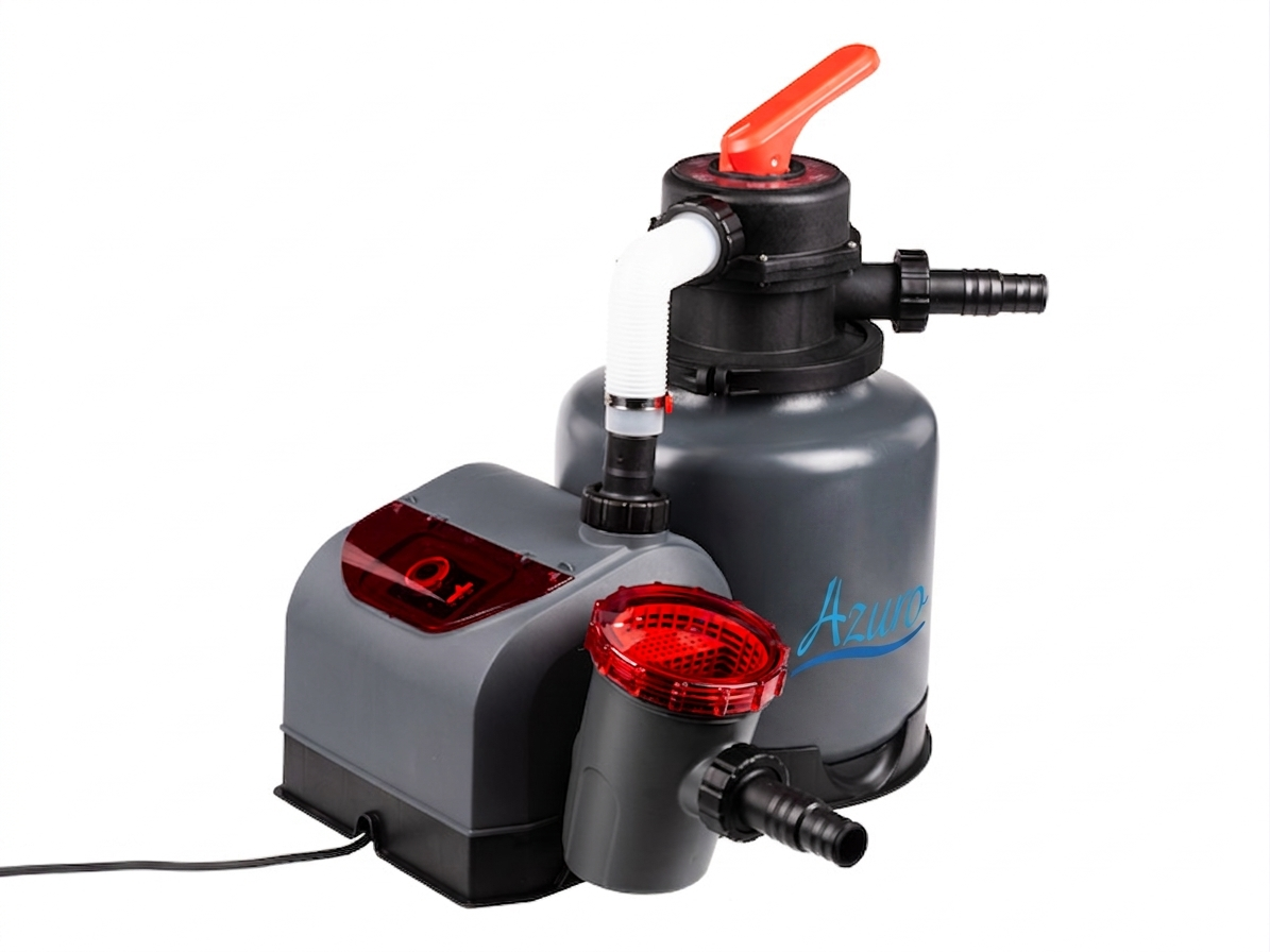 A grey and black sand filter pool pump with an orange handle, white pipe, and red translucent light, shown on a white background.