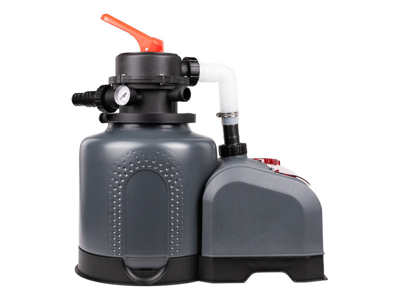 A grey and black sand filter pump system with an orange handle and white intake tube, shown on a solid white background.