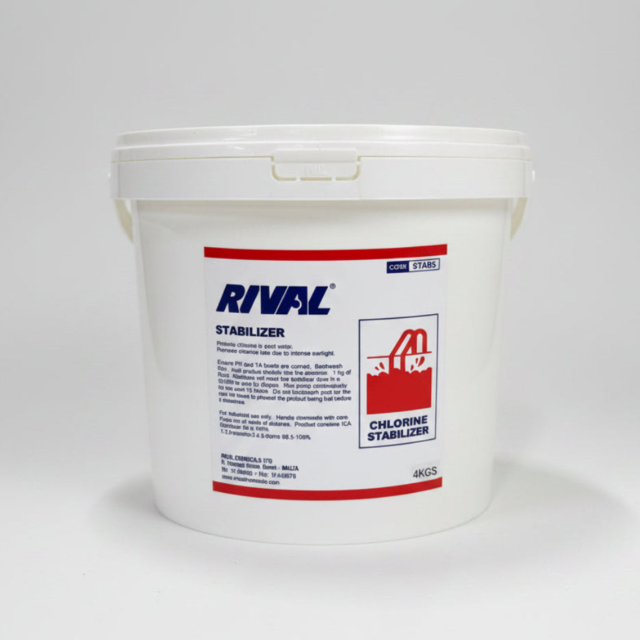 A white plastic bucket of Rival Stabilizer chlorine stabilizer with a white lid, featuring a red and blue label, set on a white surface with a blurred background.