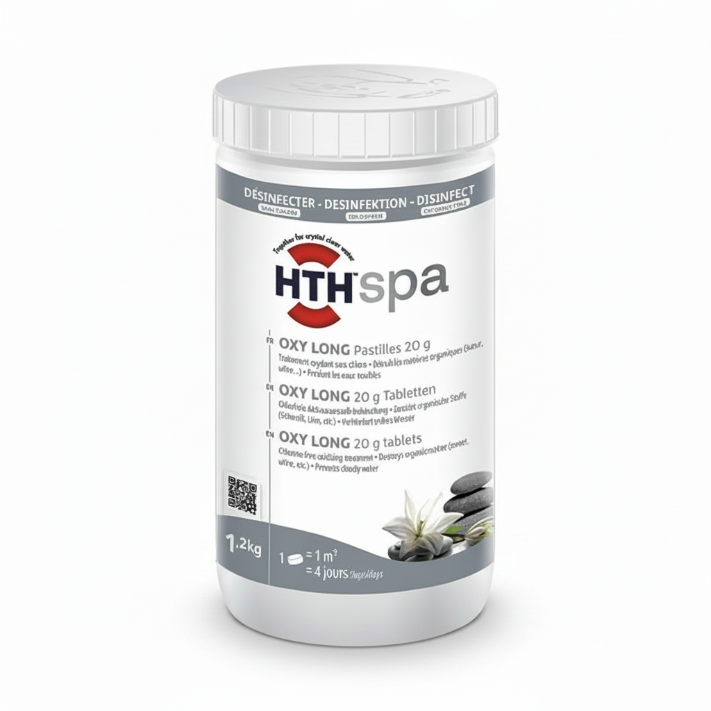 A white plastic tub of HTH spa OXY LONG 20g tablets, featuring a white and gray label with the red and black HTH spa logo.