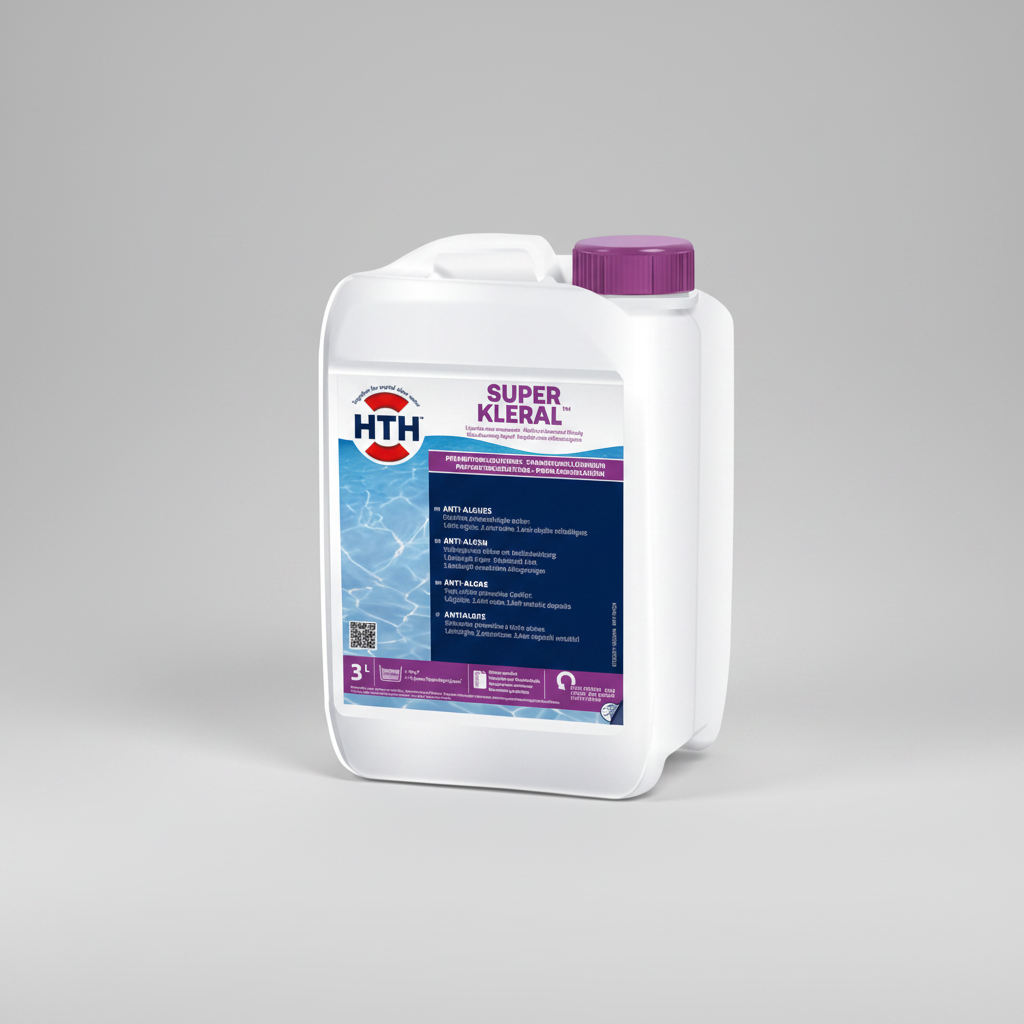HTH Super Kleral pool treatment container with purple cap on a white background
