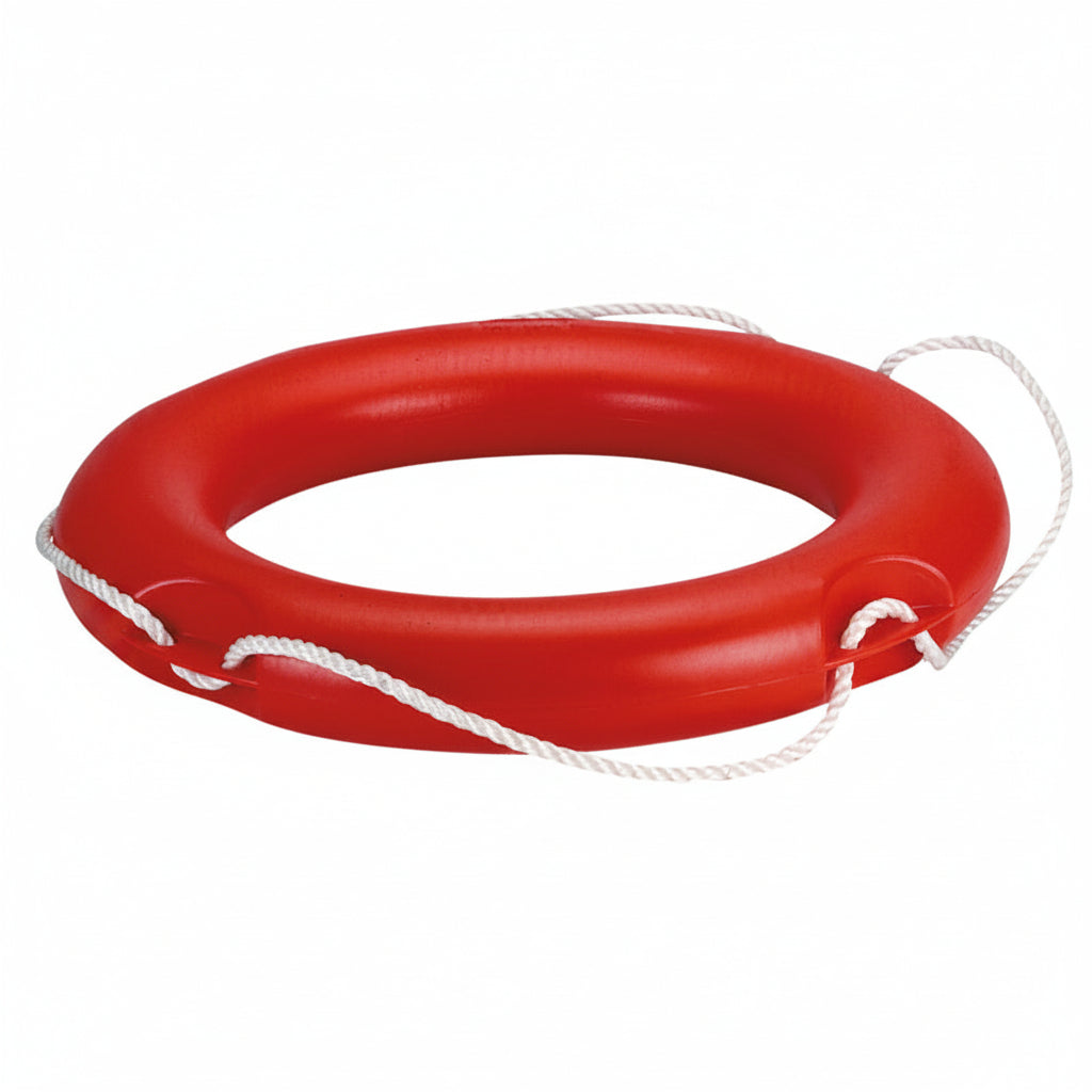 A red life preserver ring with white rope handles, shown on a plain white background.