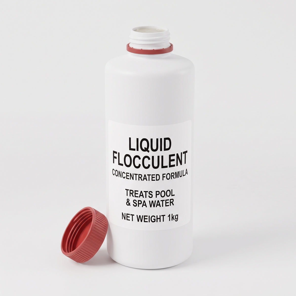 A white plastic bottle of liquid flocculent with a red screw cap, shown with its cap removed and leaning beside it on a clean white background. The label reads 'LIQUID FLOCCULENT CONCENTRATED FORMULA' and 'TREATS POOL & SPA WATER NET WEIGHT 1kg'.