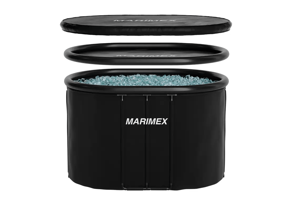 A black inflatable pool or hot tub liner with the brand name MARIMEX printed in white on the front, shown with its three separate lids floating above it against a solid white background.