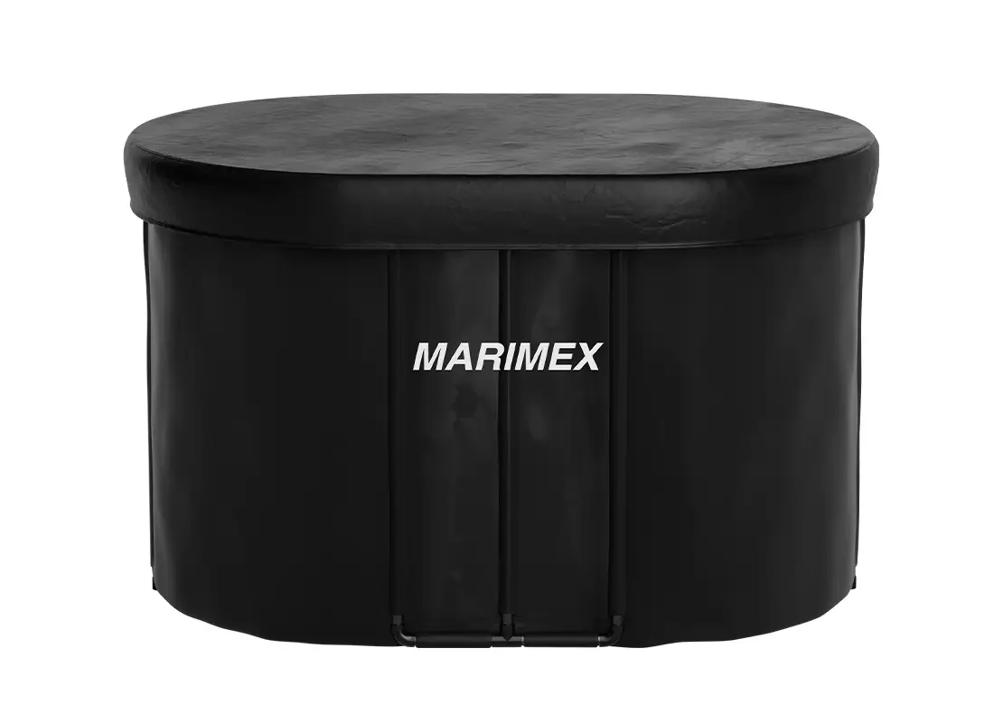 A black circular hot tub cover with the MARIMEX logo printed in white on the front, shown against a plain white background.