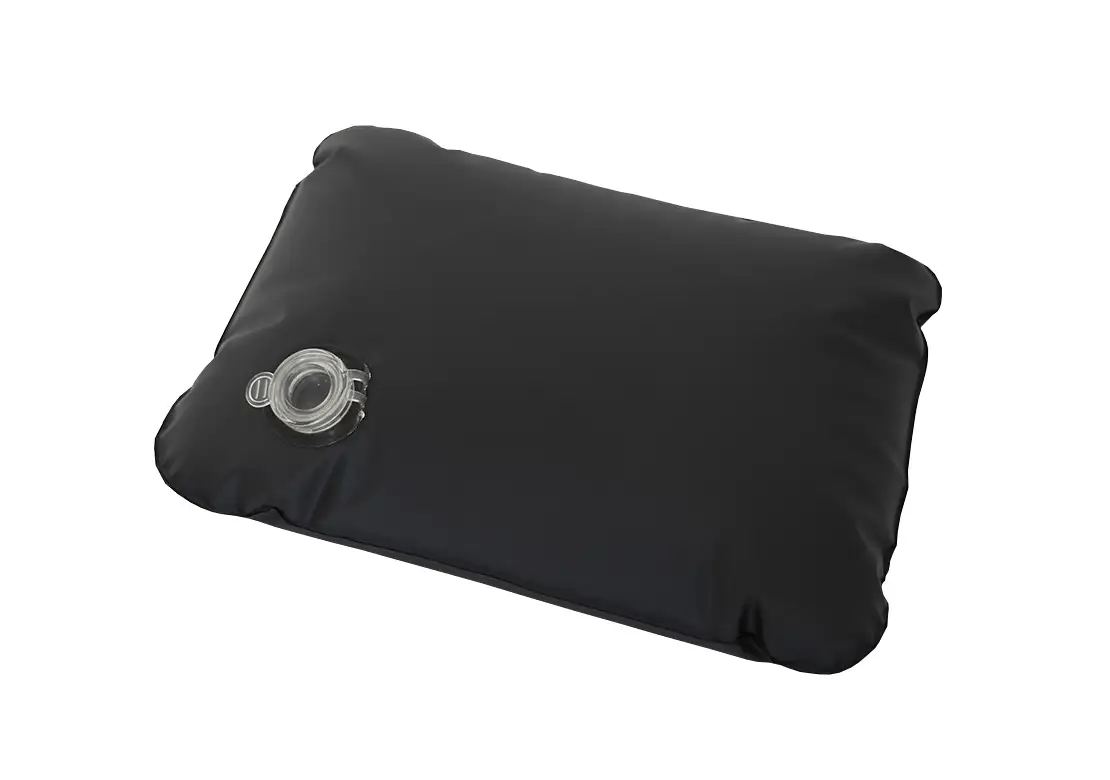 A black inflatable sleeping pad with a clear valve port, shown on a plain white background.