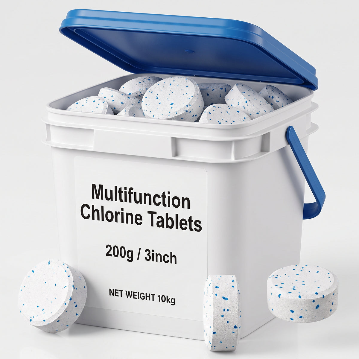 A white plastic tub with a blue lid and handle, filled with round white chlorine tablets with blue speckles. The front label reads 'Multifunction Chlorine Tablets 200g / 3inch NET WEIGHT 10kg'.