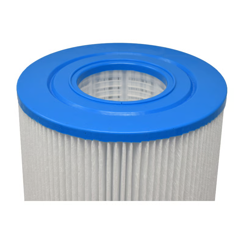 Filter cartridge with blue top and white filter material on a white background