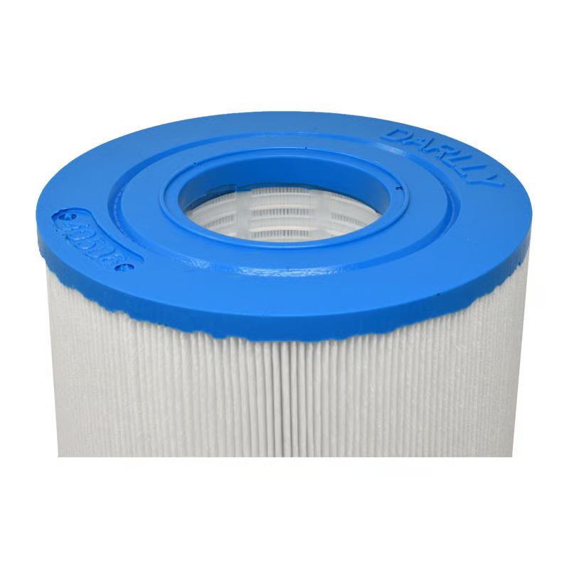 A cylindrical pleated filter cartridge with a bright blue top cap and white pleated body, shown on a plain white background. The brand name 'Darlly' is embossed on the blue cap.