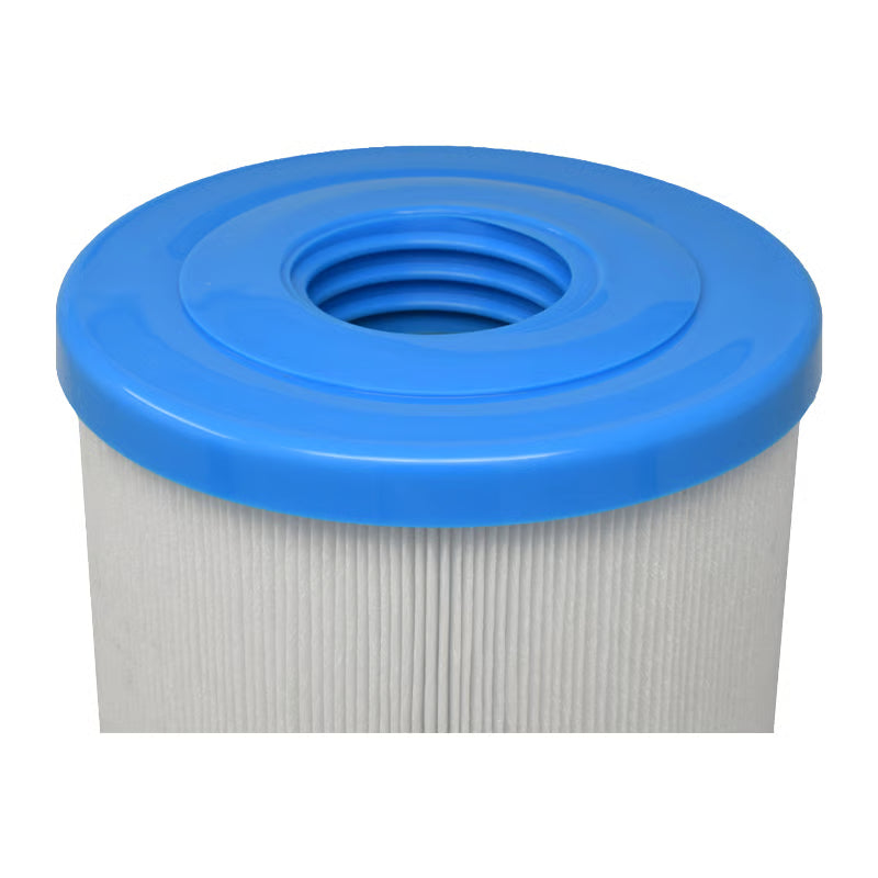 Blue cylindrical filter cartridge on a white background