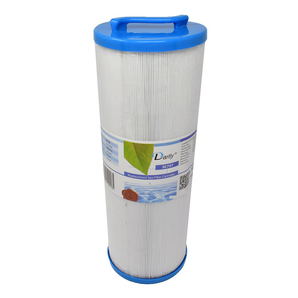 Filter cartridge with blue top and label on a white background