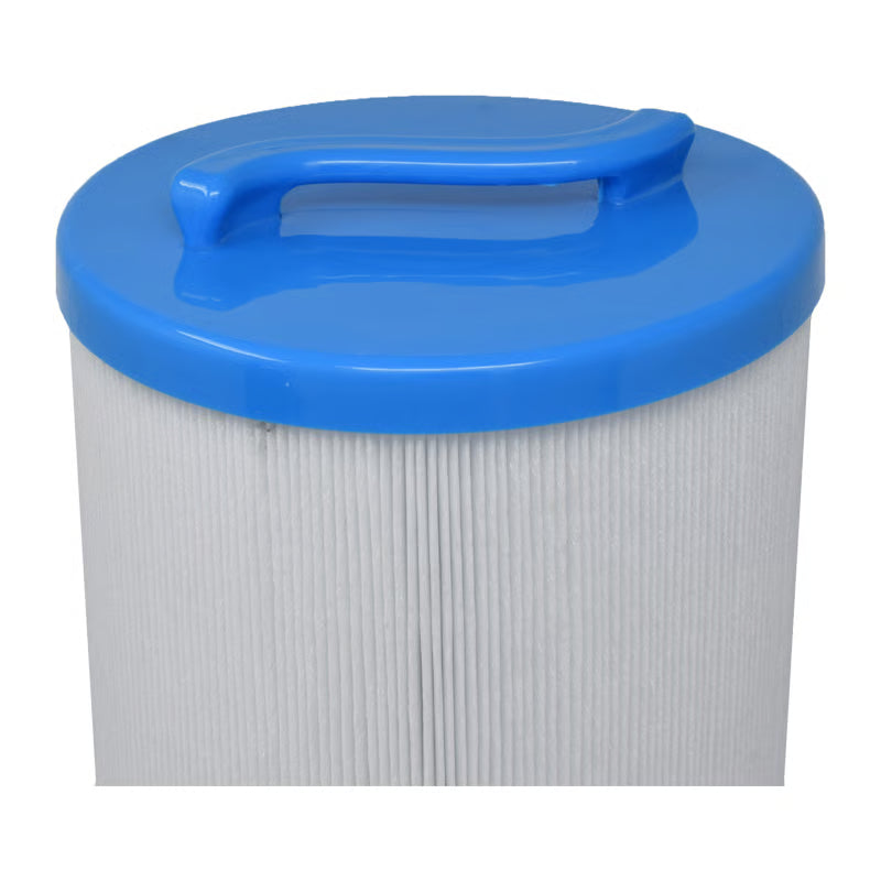 Filter cartridge with blue lid on a white background